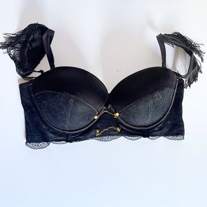 36C black lace bra with shoulder fringe and gold detail